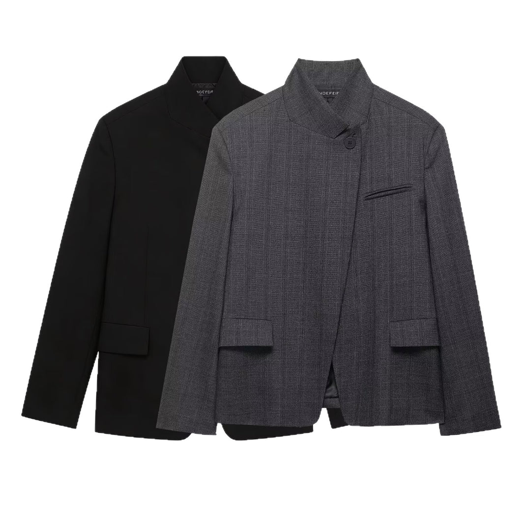 Damen Moderner schlanker Blazer mit asymmetrischer Knopfleiste und Stehkragen Drune