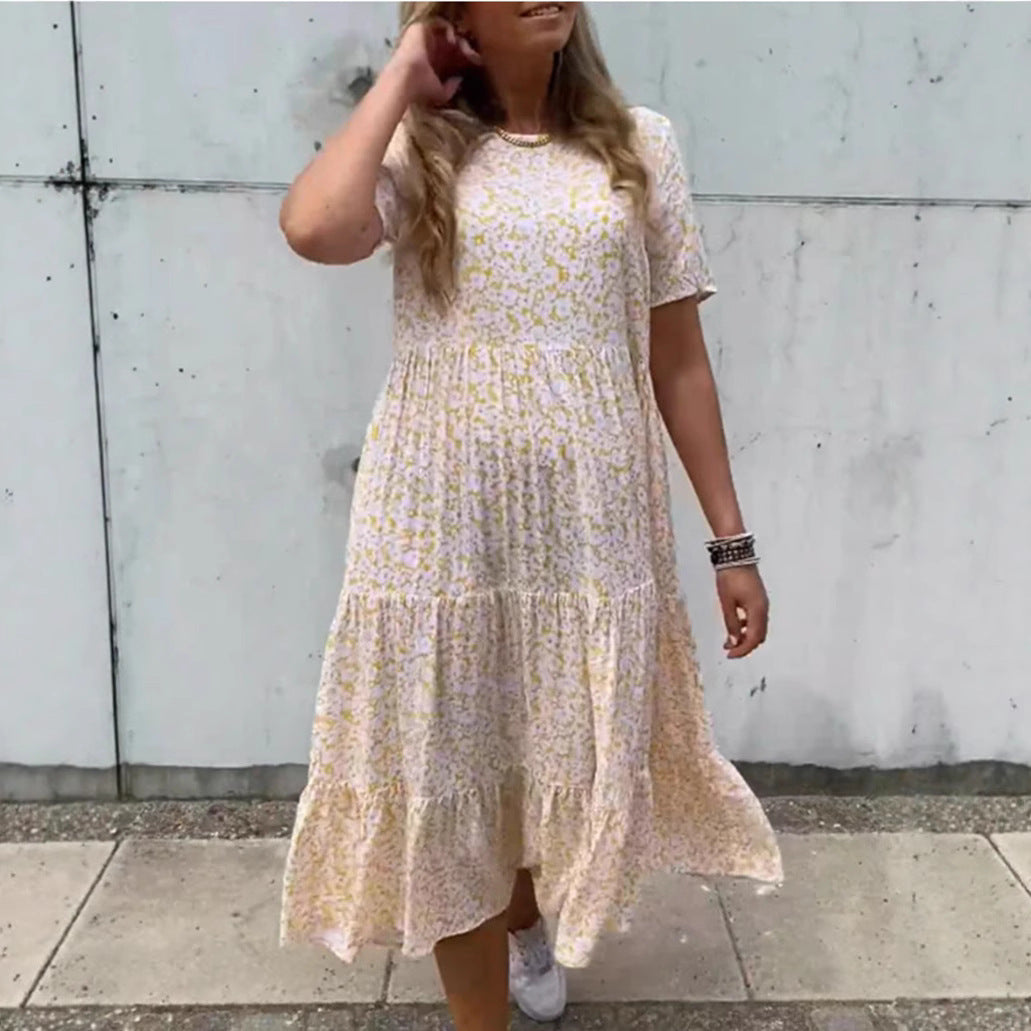 Damen nan luftiges Stufenmaxikleid im Boho-Babydoll-Stil mit geraffter Unterbrust und kurzen Ärmeln Drune
