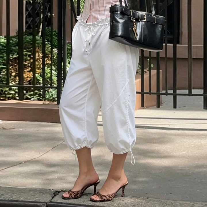 Damen Weite Paperbag-Hose mit Kordelzug, hohem elastischem Bund und Tunnelzugsaum Drune