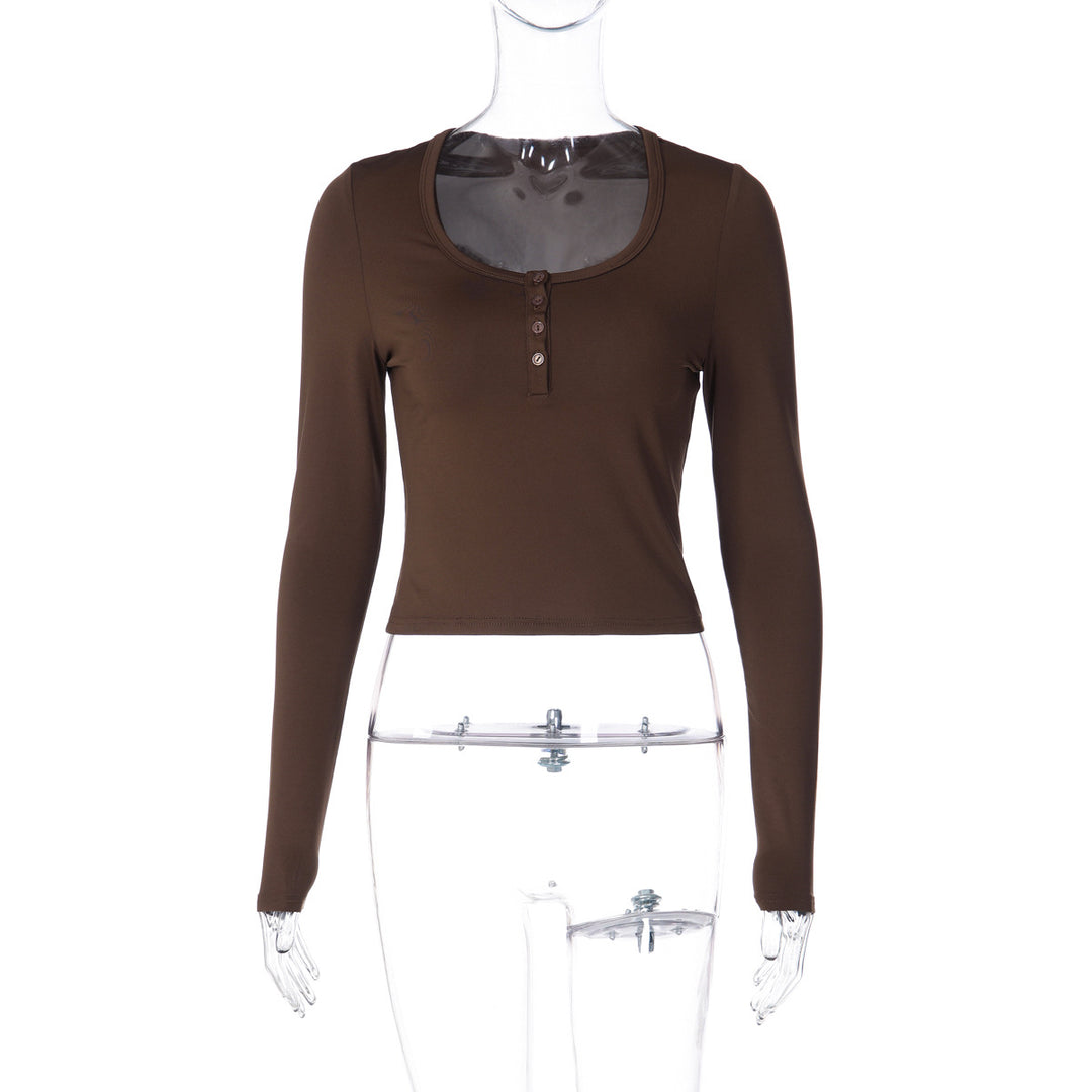 Damen figurbetontes Langarmshirt mit Knopfleiste Drune