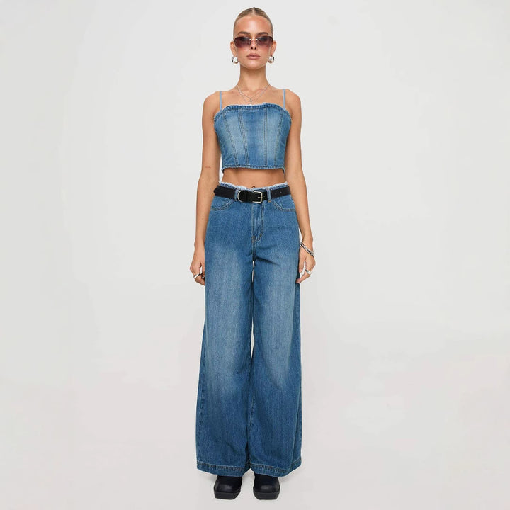 Damen weite Denim-Jeans mit hohem Bund und fransigem Saum Drune