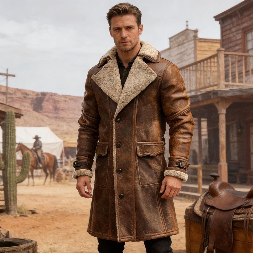 Herren nan langer vintage Biker-Ledermantel mit durchgehendem Sherpa-Futter, Pattentaschen und verstellbaren Schnallenmanschetten Drune