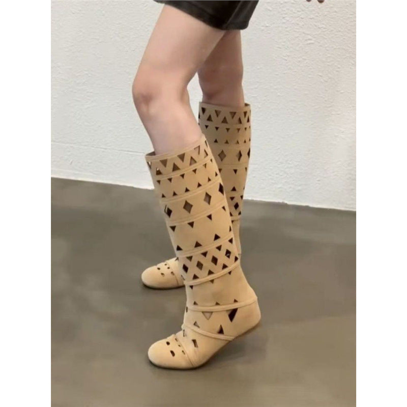 Damen Kniehohe Cut-Out Stiefel im Gladiator-Stil aus Velourslederoptik mit flacher Sohle Drune