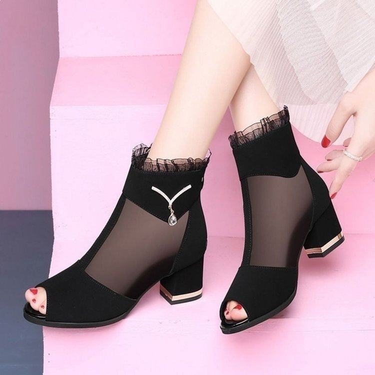 Damen Offene Stiefeletten mit Netz-Details und Glitzer-Akzenten Drune
