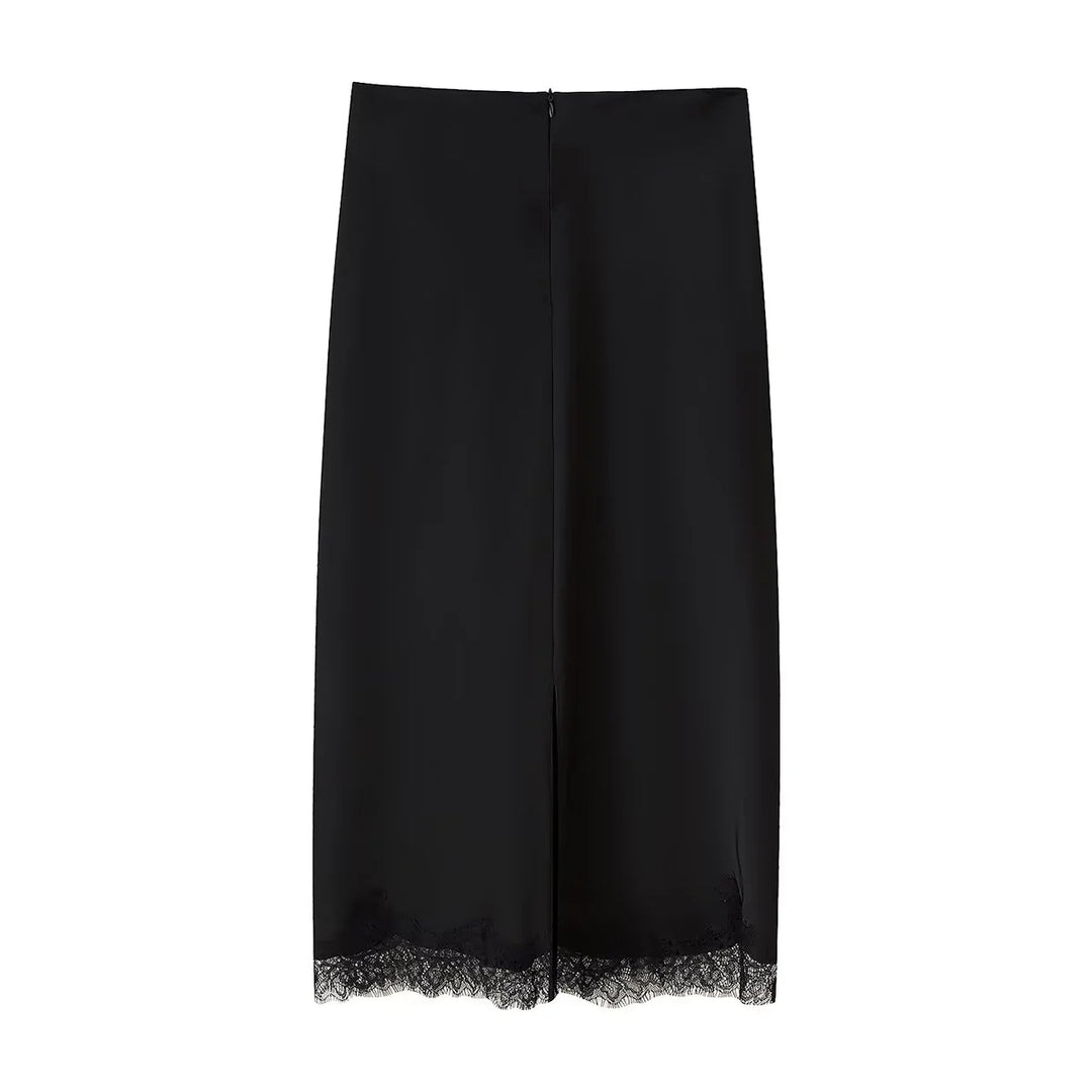 Damen nan Satin-Midirock als Unterrock mit elastischem Komfortbund und zarter Spitzenkante Drune