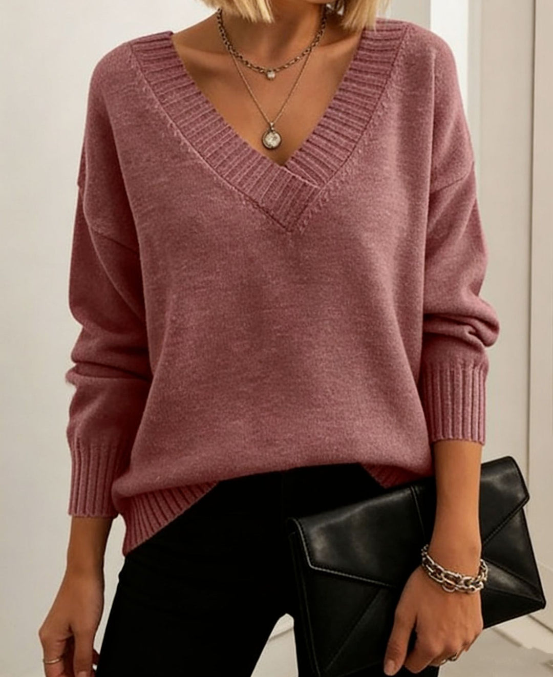 Damen Feinstrickpullover mit tiefem V-Ausschnitt und überschnittener Schulter Drune