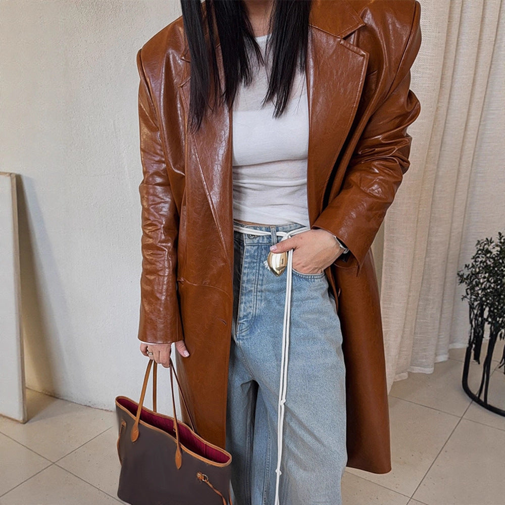Damen Lang geschnittener Lackleder-Trenchcoat mit Reverskragen und kastiger Oversize-Passform Drune