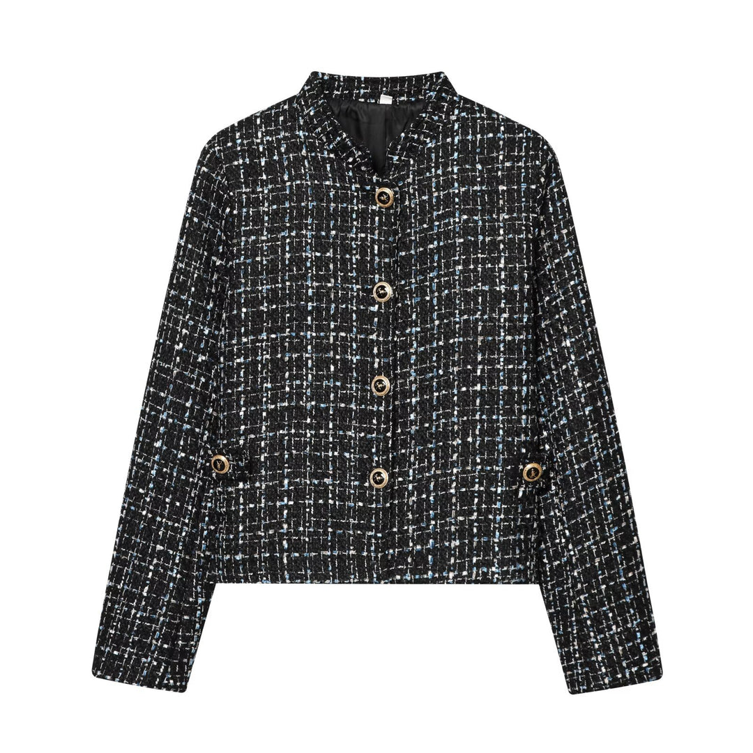Damen Bouclé‑Tweed‑Cropped‑Jacke mit Stehkragen und goldfarbenen Schmuckknöpfen Drune