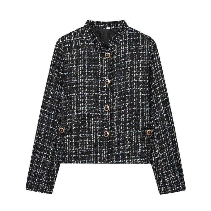 Damen Bouclé‑Tweed‑Cropped‑Jacke mit Stehkragen und goldfarbenen Schmuckknöpfen Drune