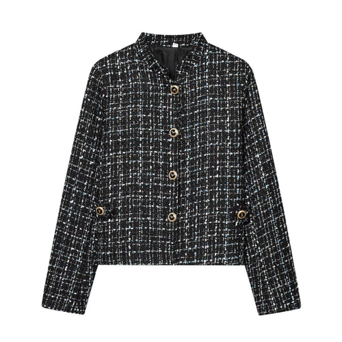Damen Bouclé‑Tweed‑Cropped‑Jacke mit Stehkragen und goldfarbenen Schmuckknöpfen Drune
