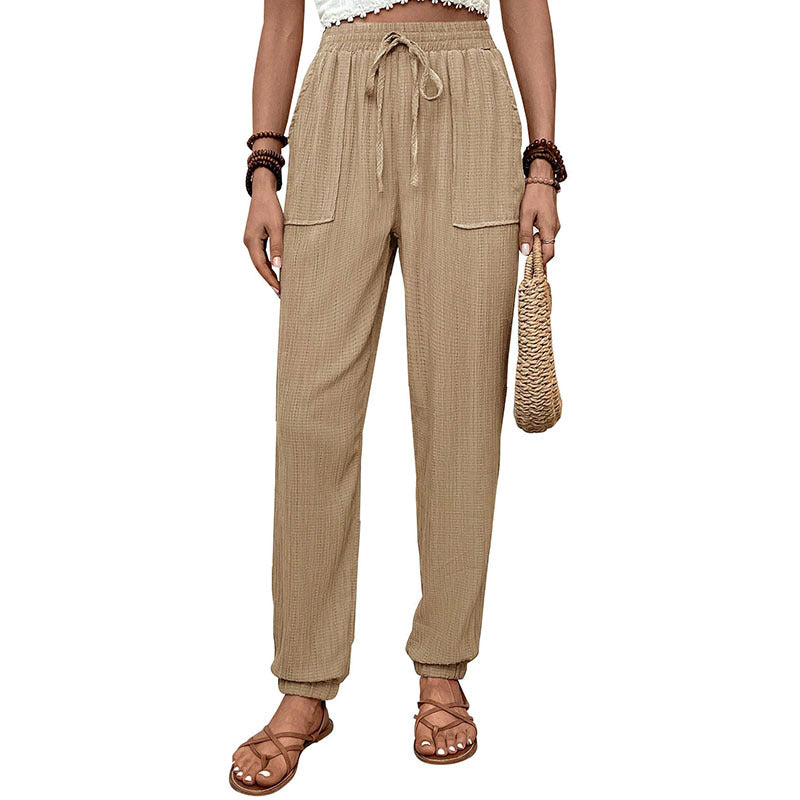 Damen Lockerer Leinenoptik-Joggerhose mit hohem Gummibund, Tunnelzug, aufgesetzten Taschen & elastischen Bündchen Drune