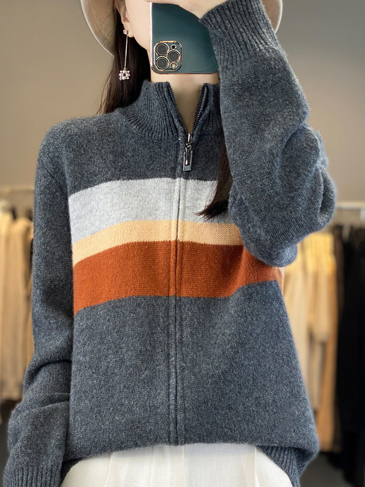 Damen Reißverschluss-Strickcardigan aus weichem Wollmix mit Blockstreifen und geripptem Saum Drune