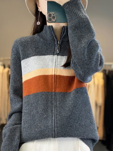 Damen Reißverschluss-Strickcardigan aus weichem Wollmix mit Blockstreifen und geripptem Saum Drune