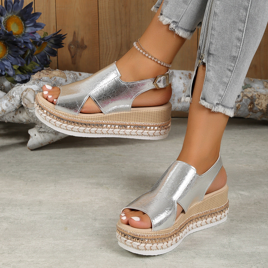 Damen Wedge-Sandaletten mit exklusivem Metallic-Finish und verstellbarem Riemendesign Drune