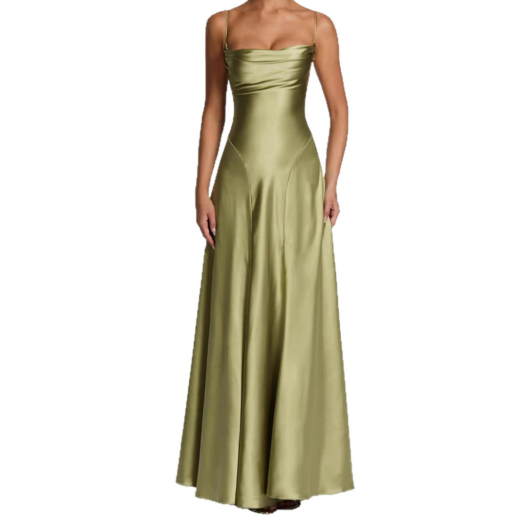 Damen Elegantes Maxi-Kleid mit fließendem Satin und verführerischem Spaghettiträger Drune