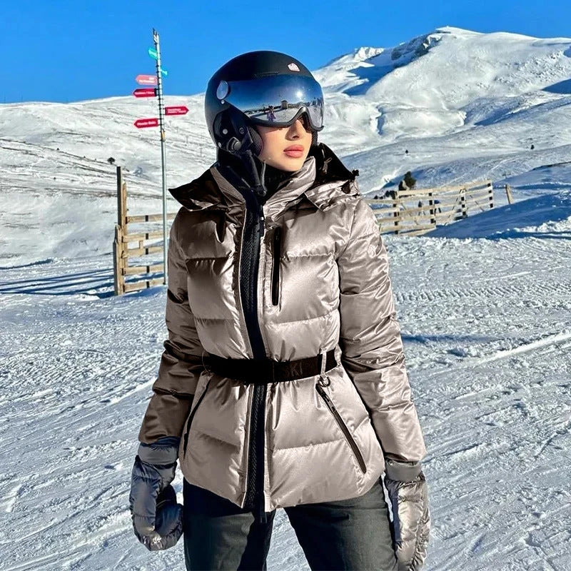 Damen warme Steppjacke mit abnehmbarer Kapuze und Taillengürtel Drune