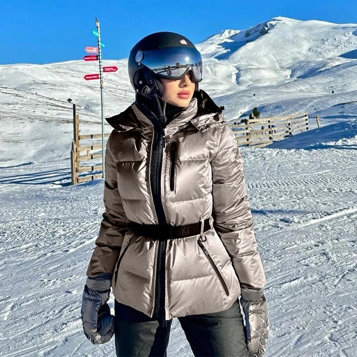 Damen warme Steppjacke mit abnehmbarer Kapuze und Taillengürtel Drune