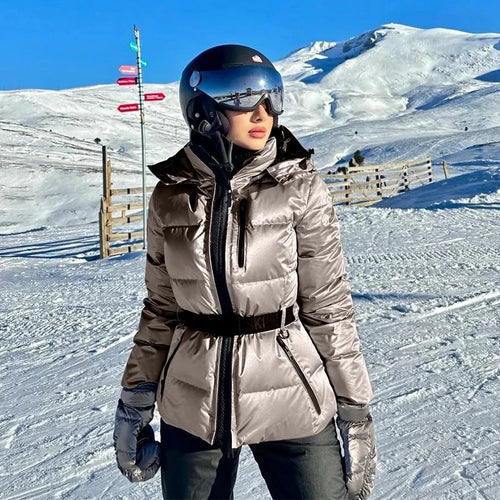 Damen warme Steppjacke mit abnehmbarer Kapuze und Taillengürtel Drune