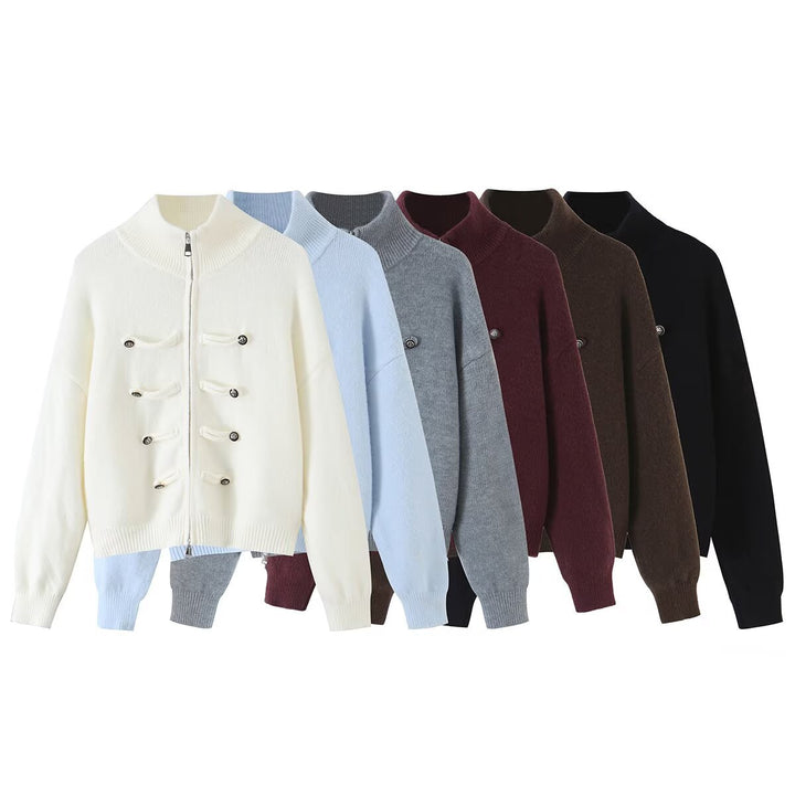 Damen Strickjacke mit Stehkragen, Reißverschluss und dekorativen Knotenblenden Drune