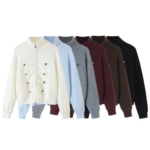 Damen Strickjacke mit Stehkragen, Reißverschluss und dekorativen Knotenblenden Drune