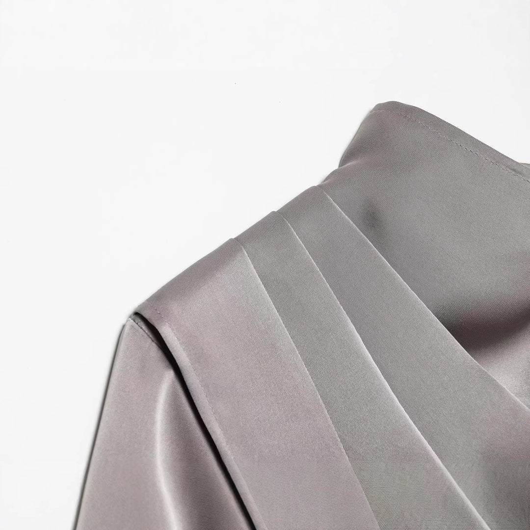 Damen Asymmetrische Drapierte Satinbluse mit Wasserfallkragen Drune