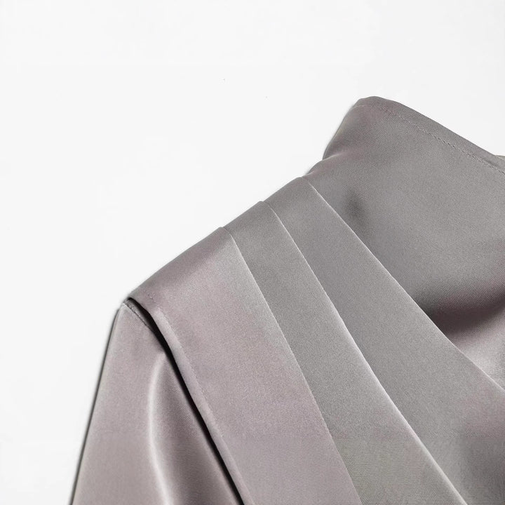 Damen Asymmetrische Drapierte Satinbluse mit Wasserfallkragen Drune
