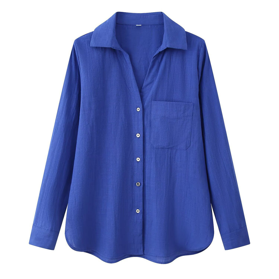 Damen Leichte Oversize-Leinenbluse mit Brusttasche und Hemdkragen Drune