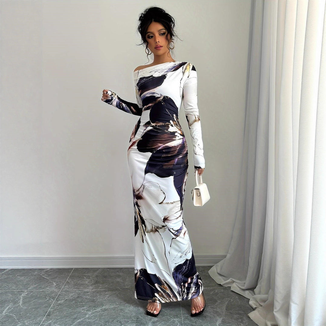 Damen Elegantes Maxikleid mit originellem Kunstdruck und schulterfreiem Design Drune