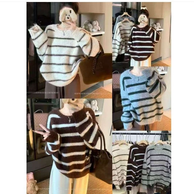 Damen Bequemer Grobstrick Pullover mit Streifenmuster Drune