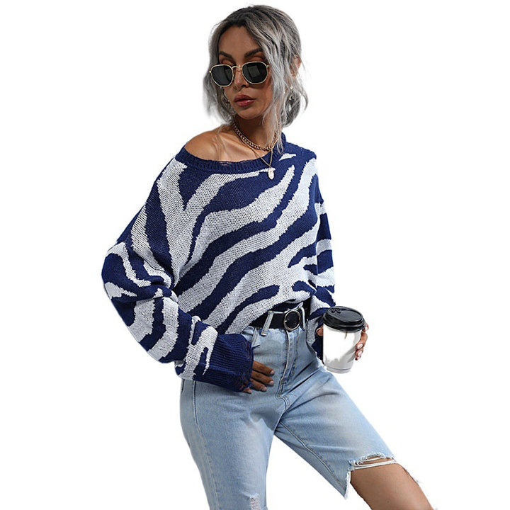 Damen Modischer Cropped Pullover mit Zebramuster Drune