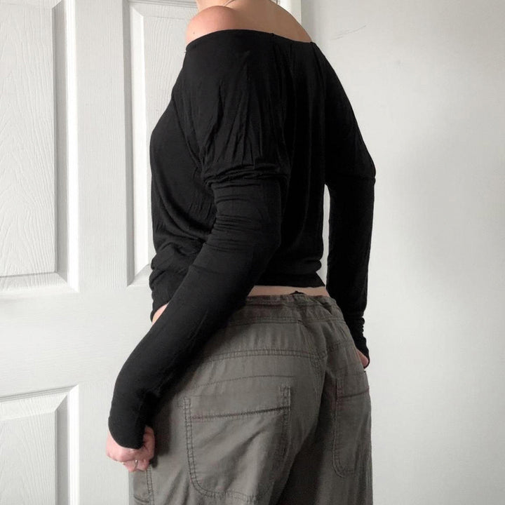 Damen nan schulterfreies Langarmshirt mit tailliertem Komfortbund, gerafften Schultern und figurbetonter Passform Drune