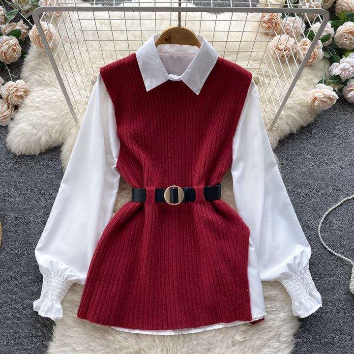 Damen Lagenlook-Bluse mit Rippstrick-Überwurf und Taillengürtel Drune