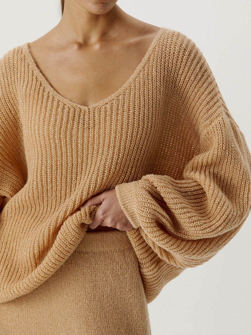 Damen lässiger Strickpullover mit tiefem V-Ausschnitt und voluminösen Ärmeln Drune
