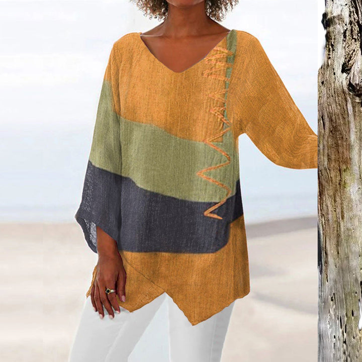 Frauen Casual A-Linien Leinenlook Tunika mit Farbblockstreifen und V-Ausschnitt Drune