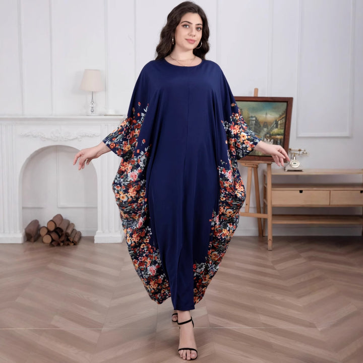 Damen Fließendes Maxikaftan-Kleid mit floralem Saum und dreiviertel Ärmeln Drune