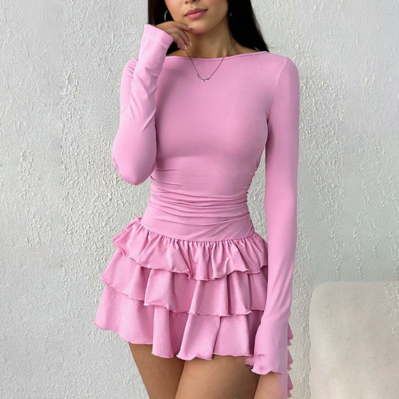 Damen Mini-Kleid mit voluminösem Rüschensaum und langem Arm Drune
