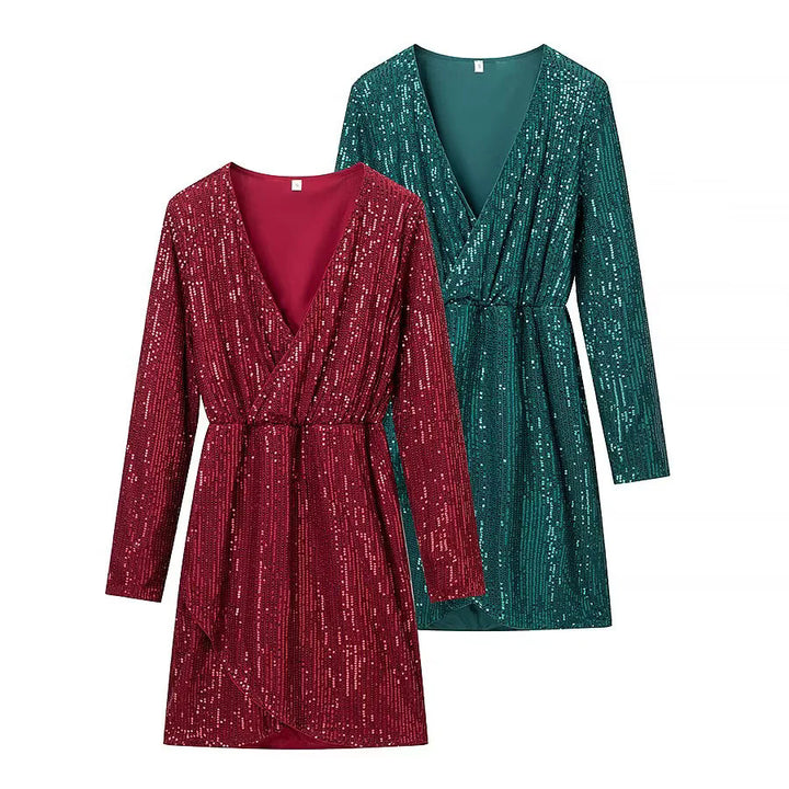 Damen nan Wickel-Minikleid mit Paillettenbesatz, tiefem V‑Ausschnitt und taillierendem Bindegürtel Drune
