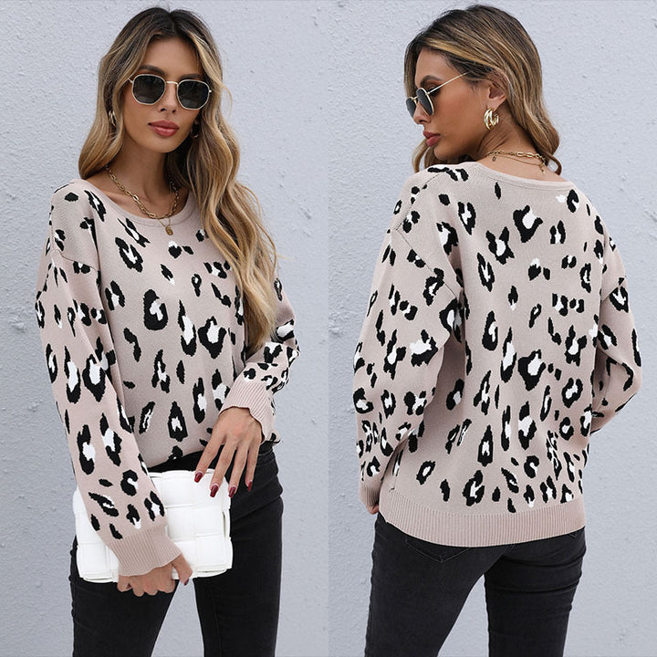 Damen Oversize-Leo-Strickpullover mit Rundhals und überschnittener Schulter Drune