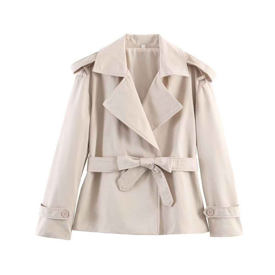 Damen kurzer Trenchcoat mit Taillengürtel, doppelreihiger Front und Schulterklappen Drune