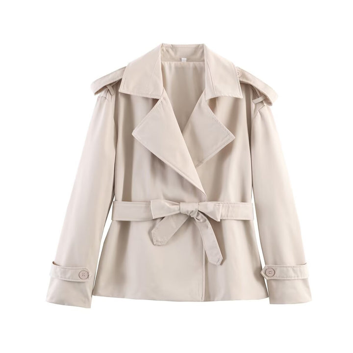 Damen kurzer Trenchcoat mit Taillengürtel, doppelreihiger Front und Schulterklappen Drune