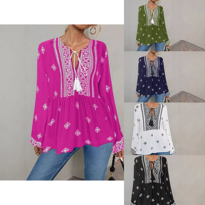 Damen Bestickte Boho-Tunika-Bluse mit Quastenbändern und stufigem Saum Drune