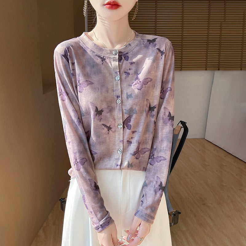 Damen Leichter Aquarell‑Print Feinstrick‑Cardigan mit Rundhalsausschnitt und Knopfleiste Drune