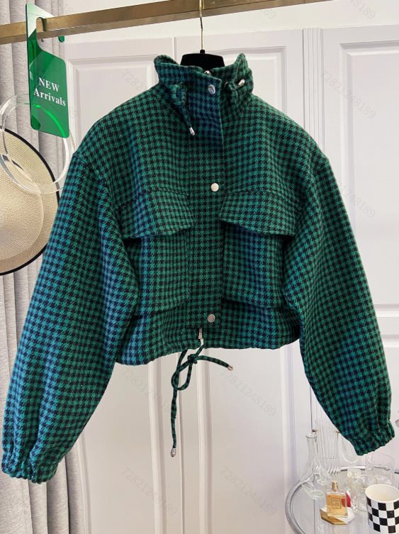 Damen Karo-Cropped-Jacke mit Stehkragen, Tunnelzug und elastischen Bündchen Drune
