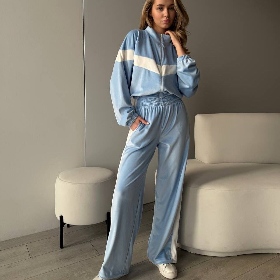 Damen Plüschiges Velours-Loungewear-Set mit Reißverschlussjacke und elastischem Taillenbund Drune