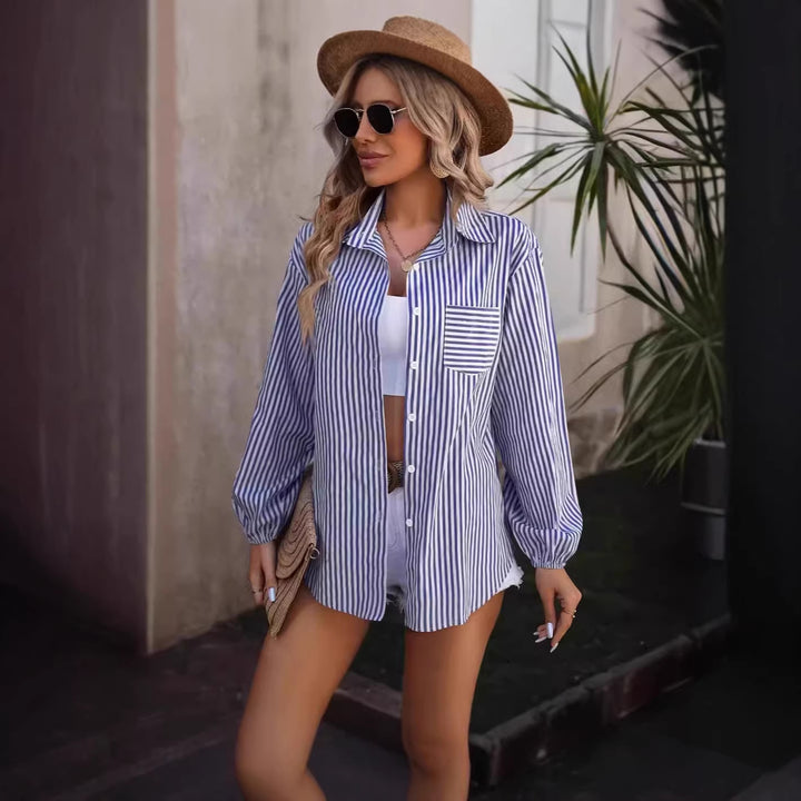Damen Oversized Hemdbluse mit Streifen, Brusttasche und Ballonärmeln Drune