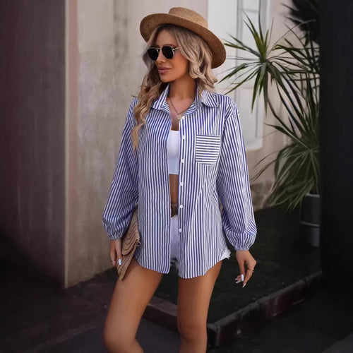 Damen Oversized Hemdbluse mit Streifen, Brusttasche und Ballonärmeln Drune
