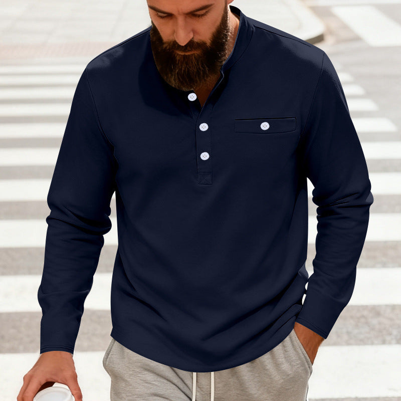 Herren Lässiges Henley-Langarmshirt mit Stehkragen, Brusttasche und abgerundetem Saum Drune