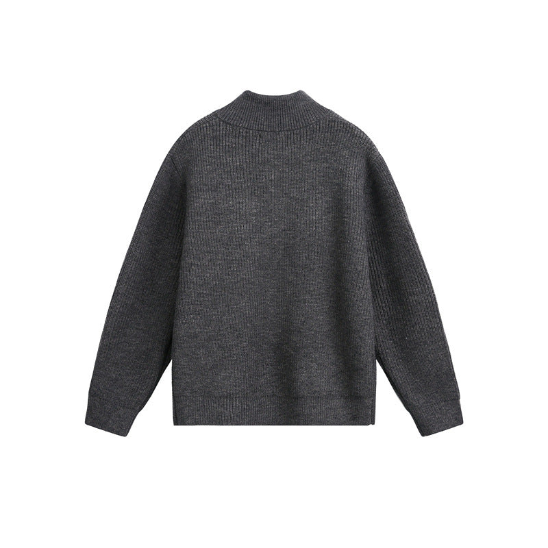 Unisex Grobstrick-Pullover mit halbem Reißverschluss und Stehkragen Drune