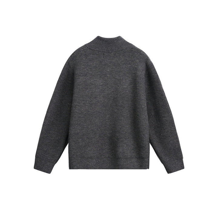 Unisex Grobstrick-Pullover mit halbem Reißverschluss und Stehkragen Drune