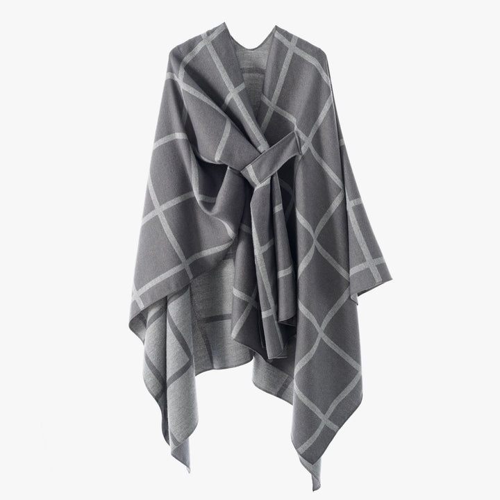 Damen Oversize Wollmix Poncho mit Gürtel und Karomuster Drune